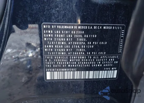 2021 Volkswagen Tiguan 2.0T Se/2.0T Se R-Line Black/2.0T Sel from USA, damaged, VIN 3VV3B7AX8MM063802